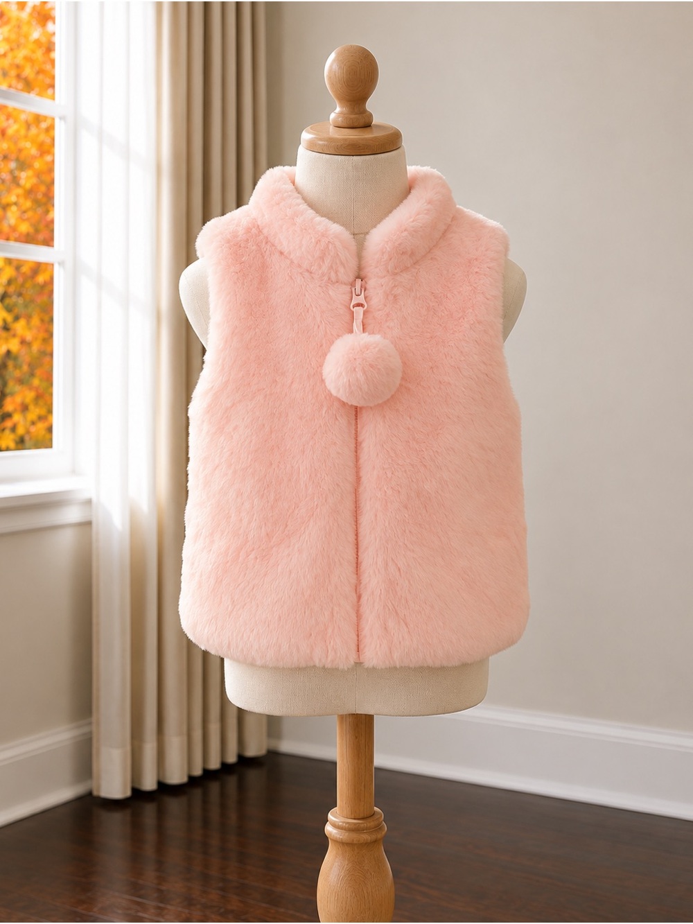 Girls Plush Faux Fur Vest with Pom-Pom Zip - Pink